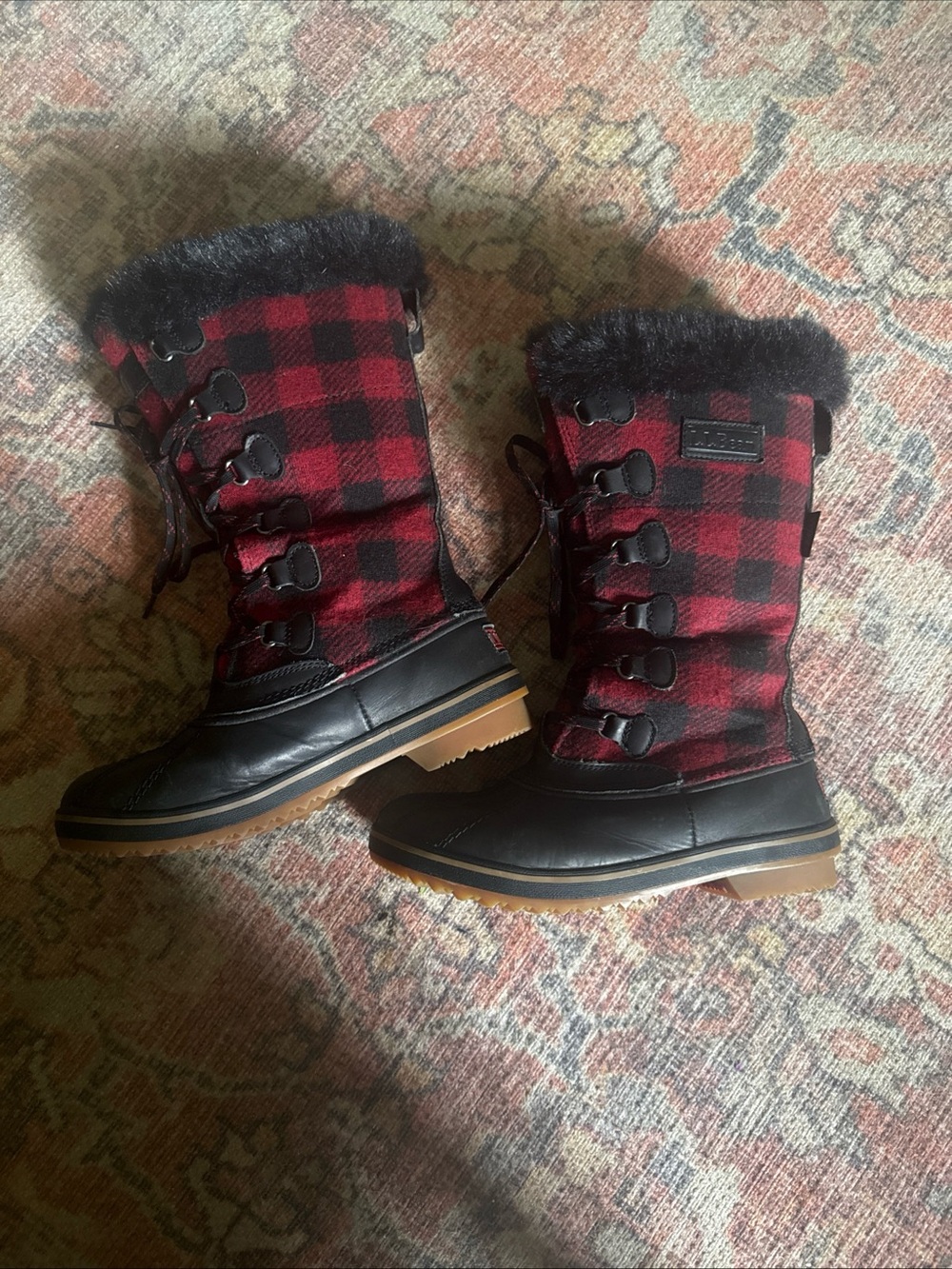 L.L. Bean Women's Red and Black Buffalo Plaid Winter Boots with Faux Fur Cuff
